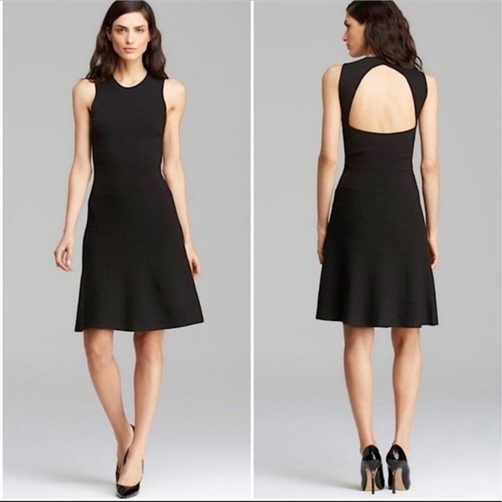 Theory Prosecco Maysen Knit  Black Cutout Back Flare Dress L Cocktail LBD
